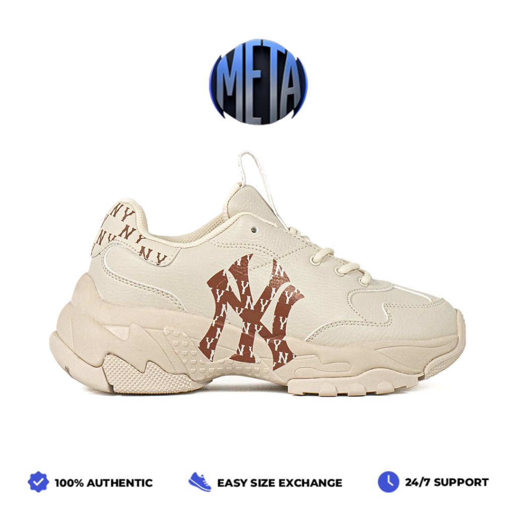 Meta Shoes - Sepatu Korea MLB Big Ball Chunky Monogram New York NY Yankees Beige Brown Sneakers Casu