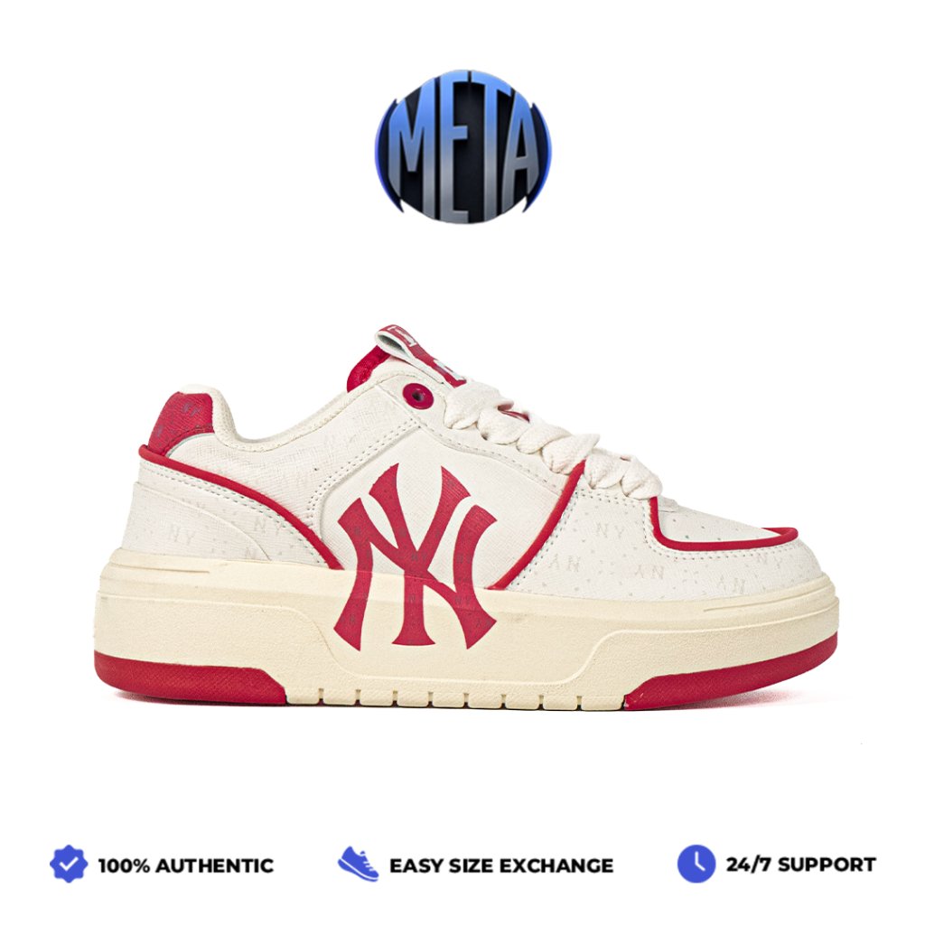 Meta Shoes - Sepatu Korea MLB Chunky Liner Diamond Monogram New York NY Yankees White Pink Sneakers 