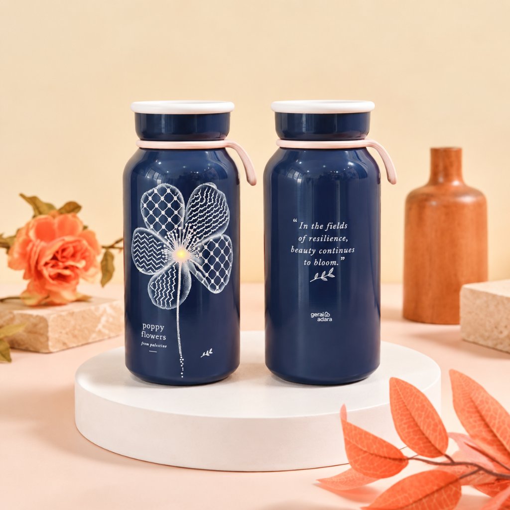 Tumbler Palestina - Botol Minum - Palestine Merch | Owena Series | DARK NAVY POPPY FLOWER