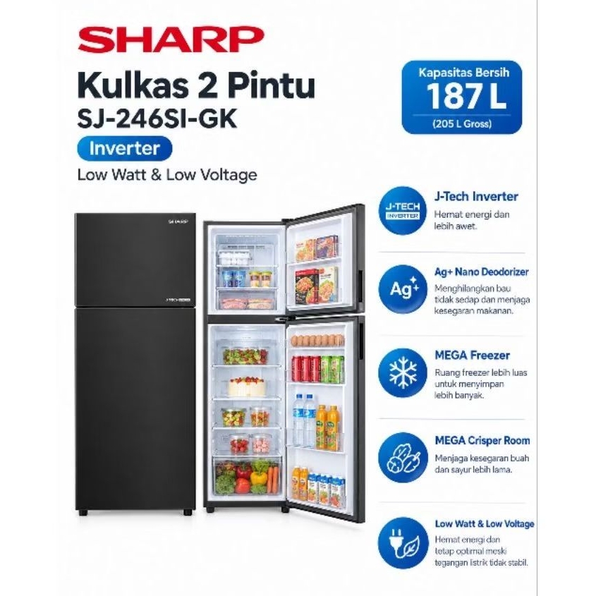 Kulkas Sharp 2 pintu inverter J-TECH Inverter SJ-246SI-GK (Low watt)