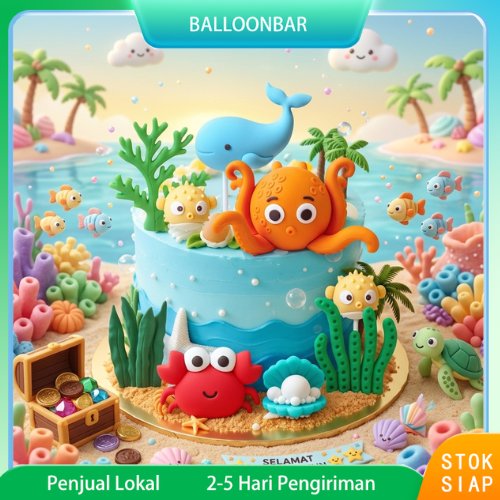 Cake Topper Tema Bawah Laut & Hewan Laut Gurita, Kepiting, Paus Dekorasi Pesta Ulang Tahun