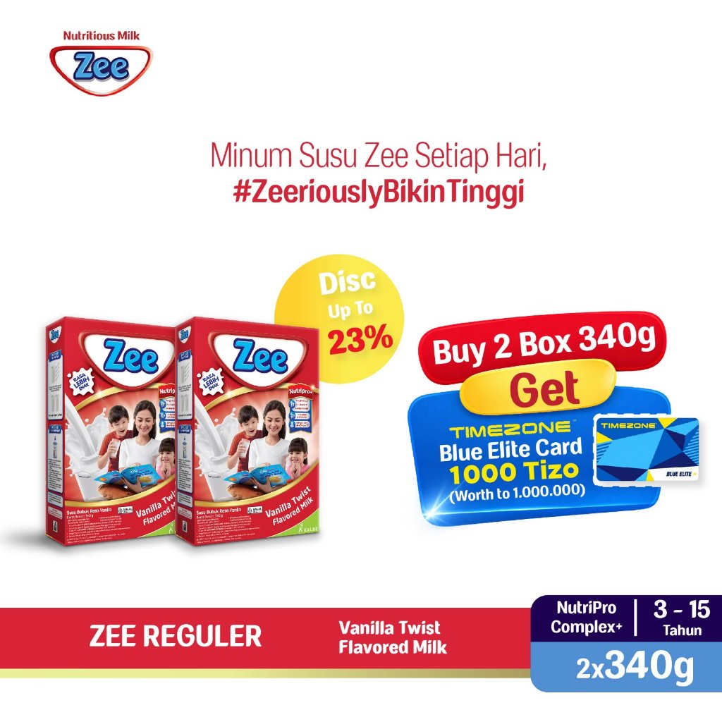 [2 PACK] Zee Reguler Vanilla Twist Milk 340gr (FREE Timezone Blue Elite Card Rp1.000.000) - Susu Tum