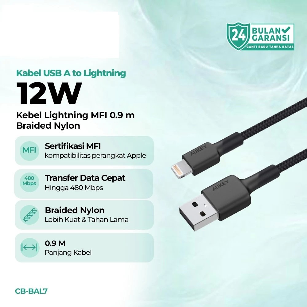 AUKEY CB-BAL7 Kabel Charger 12W USB A to Lightning MFI 0.9 Meter Braided Nylon