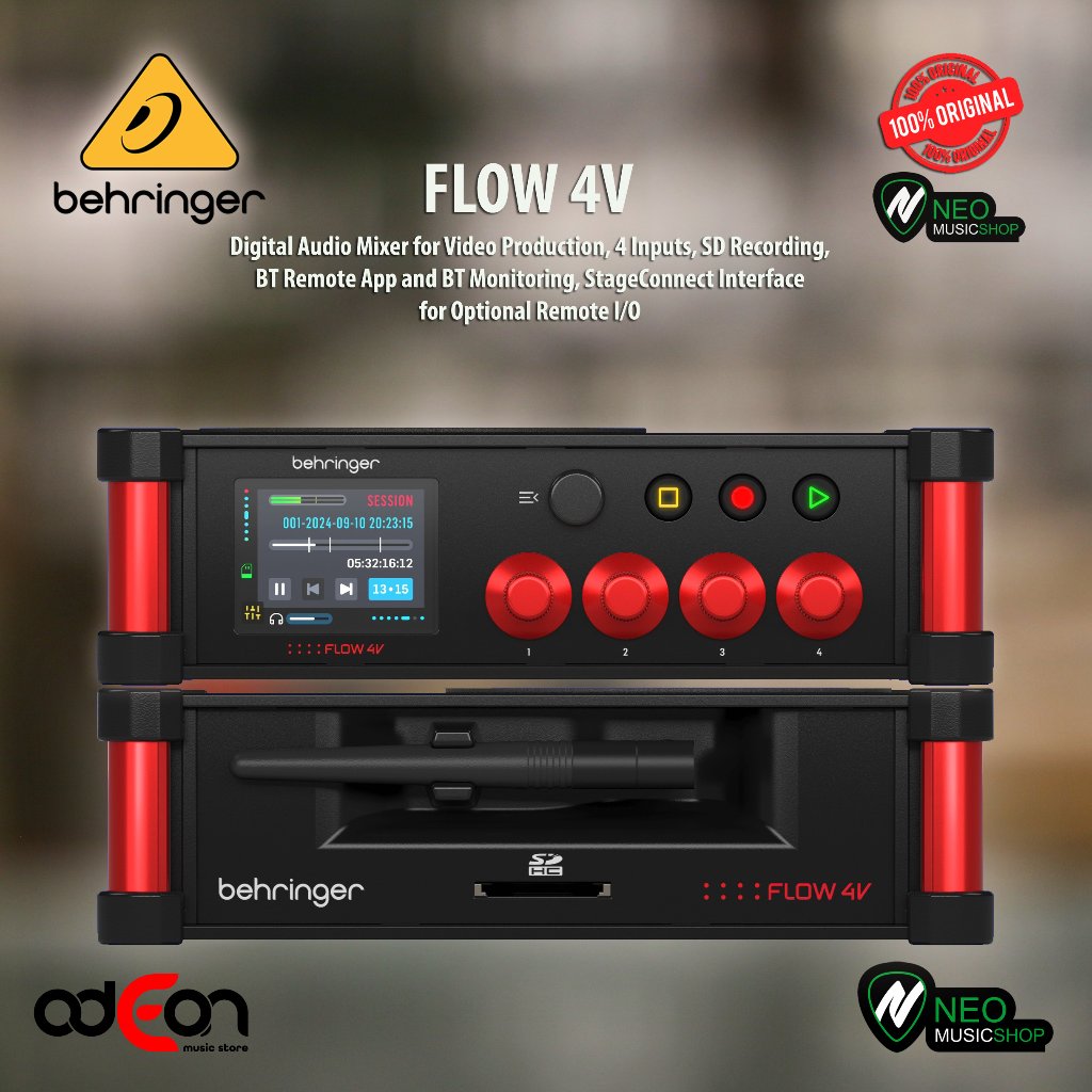 Behringer FLOW 4V Digital Audio Mixer for Video Production – 4 Inputs, SD Recording, Bluetooth & Sta