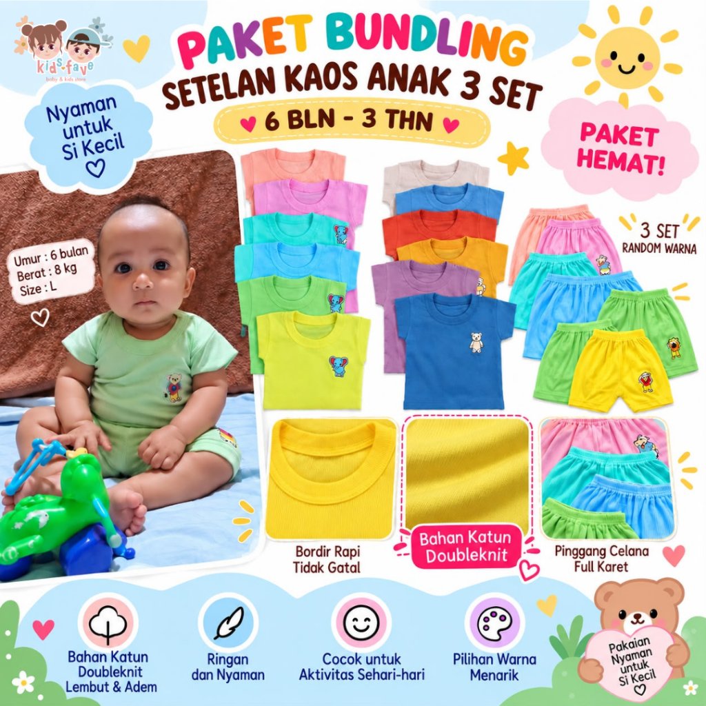 PAKET BUNDLING 3 PCS SETELAN ANAK BAYI RANDOM 0-3 TAHUN BAJU KAOS CELANA PENDEK CESSA NESSA (YS16)
