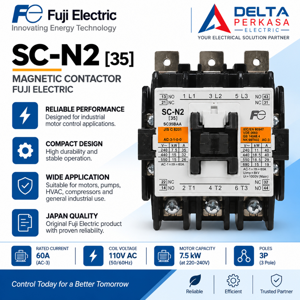 MAGNETIC CONTACTOR FUJI ELECTRIC SC-N2 60A 3P COIL 110V AC 7.5KW