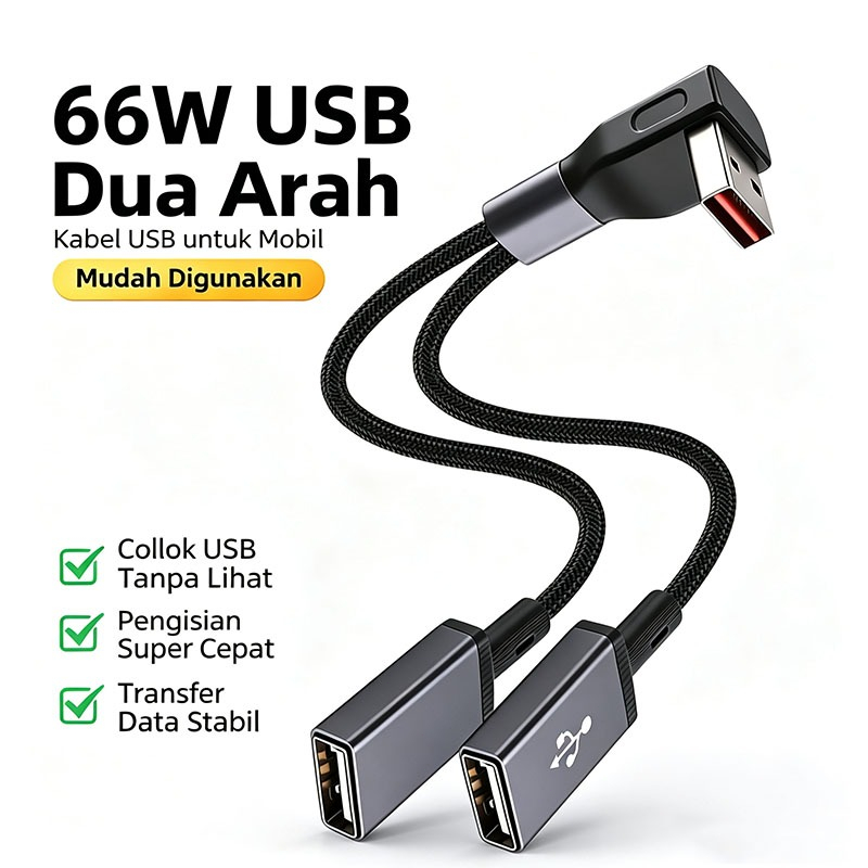 Kabel Transmisi Data OTG PD 66W 2‑in‑1 Nylon Tenun 20cm Tipe‑C ke Dual USB Female Pengisian Cepat Se