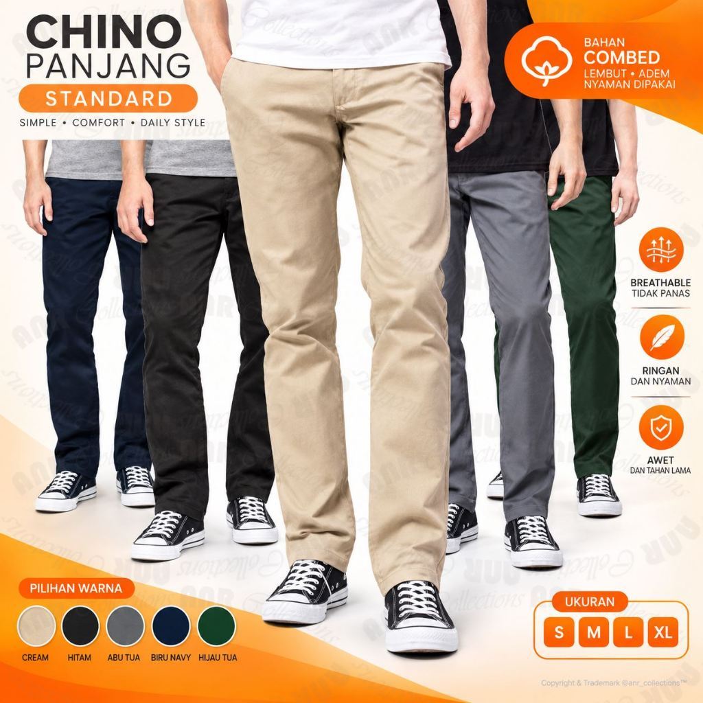 Celana Panjang Reguler Chino/Cino/Chinos Pria/Cowok Standar - Krem(Cream)/Abu(Grey)/Hitam(Black)