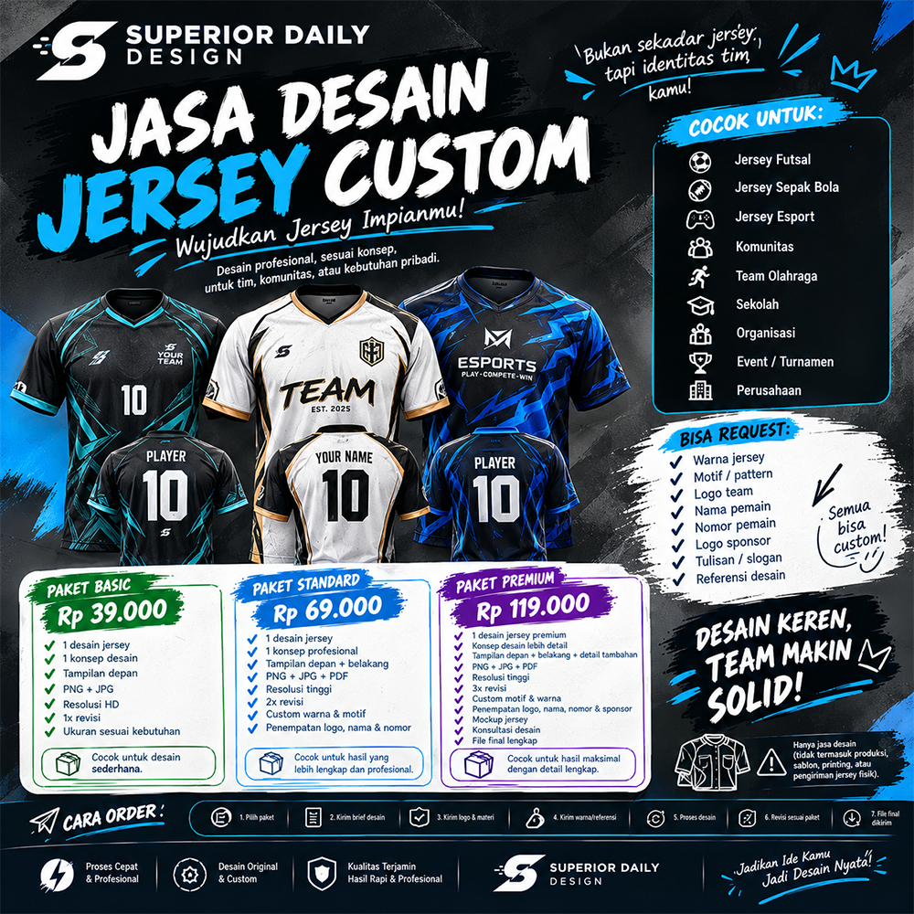 Jasa Desain Jersey Custom Profesional | Jersey Futsal, Bola, Esport, Komunitas & Team
