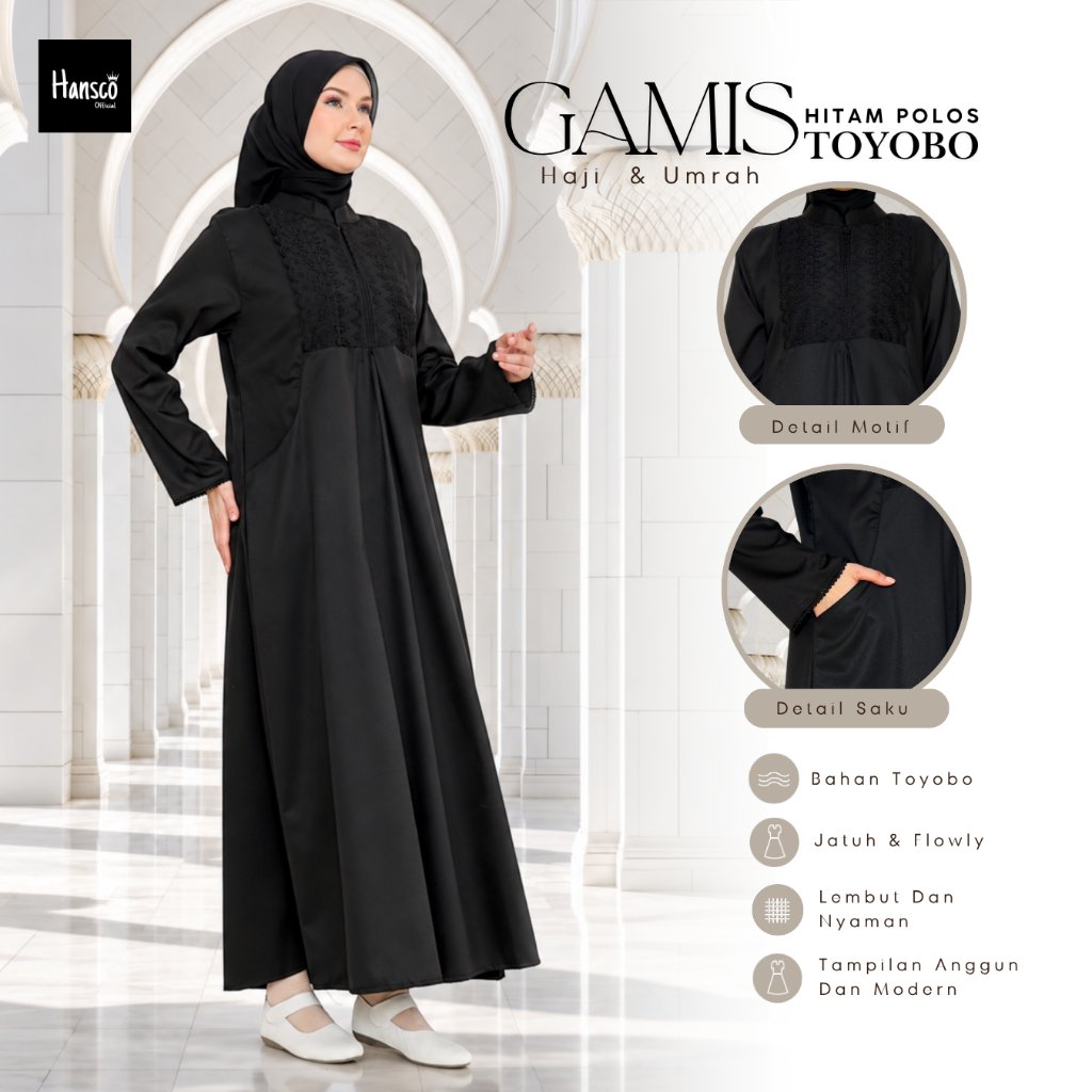 Gamis Umroh Haji Hitam Polos Wanita Muslimah Renda Dada Bahan Toyobo Lembut Flowy | Hansco