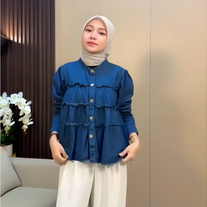 Kemeja Jeans Wanita Kemeja Susun Ruffle Jeans Kemeja Crop Atasan Wanita Crop