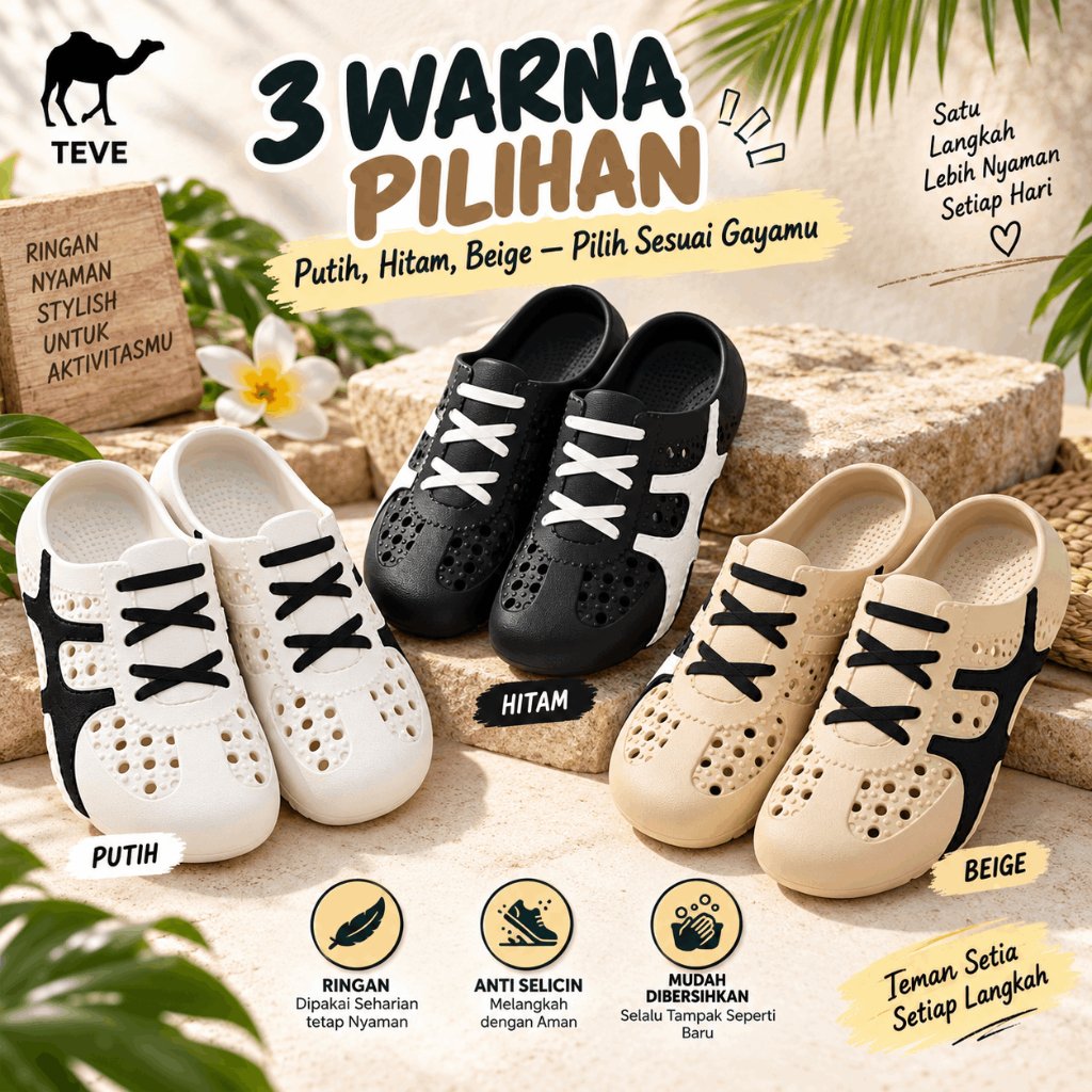 TEVE Sandal Clog Wanita EVA Casual Fashion, Sepatu Slip On Ringan Nyaman Anti Slip Tahan Air, Desain