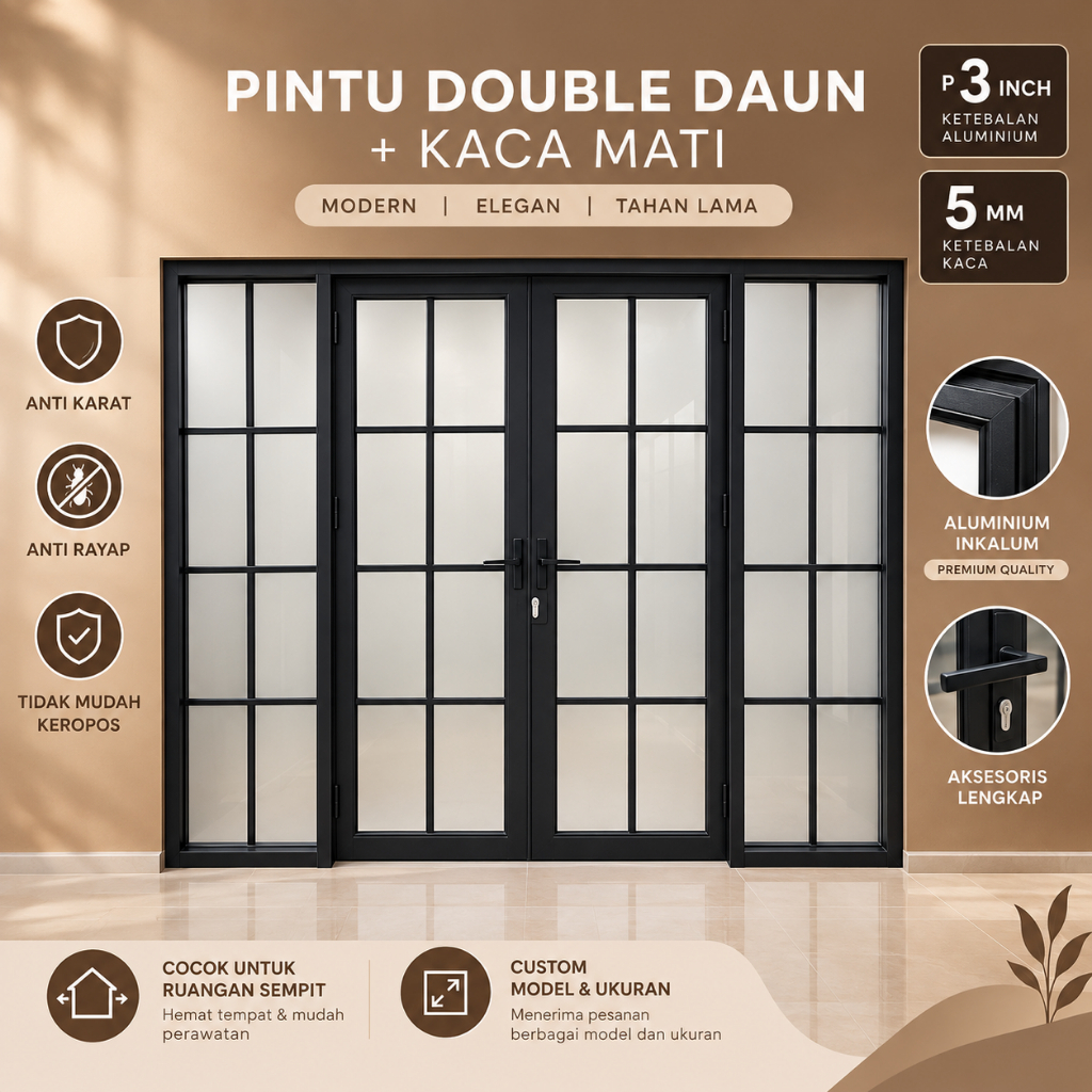 Pintu Sliding Aluminium Costum Double Daun + Kaca Mati Anti Air Dan Rayap