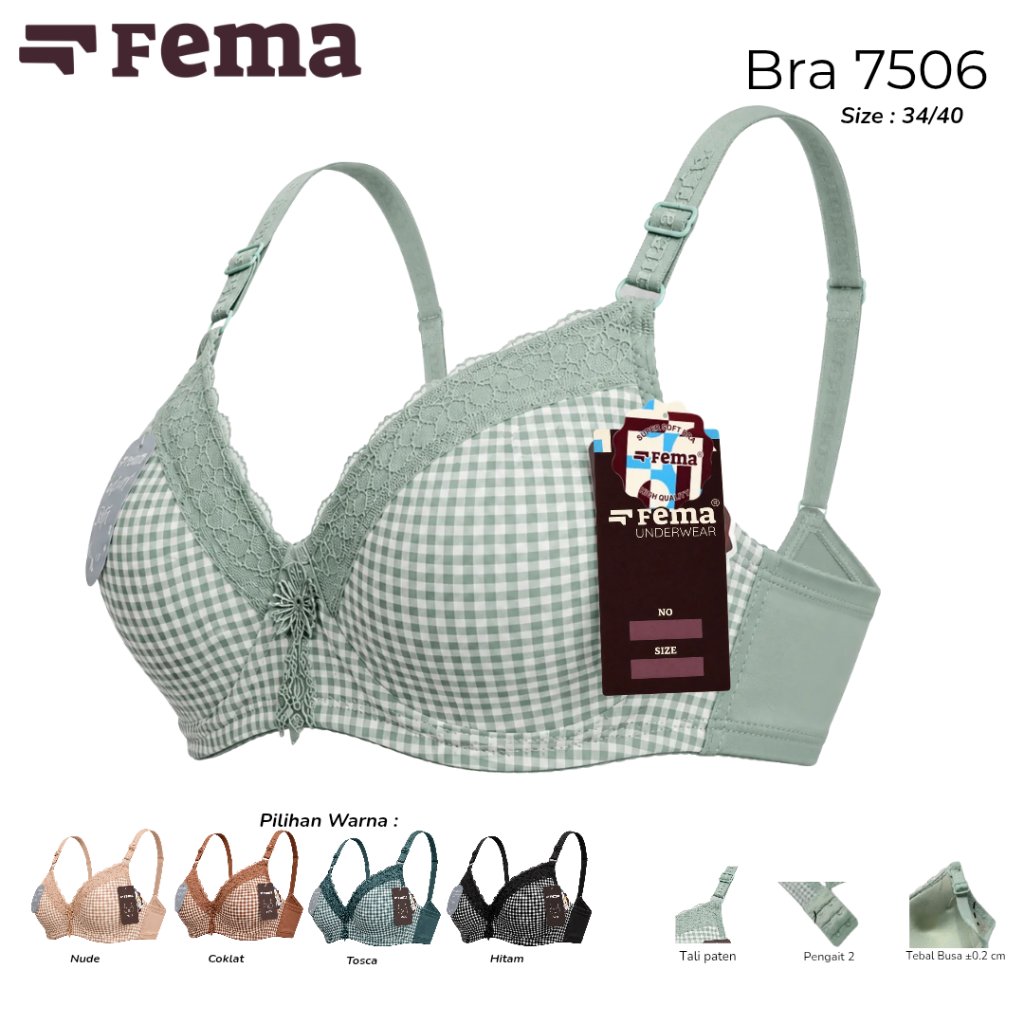 FEMA Official Shop Bra FEMA 7506 Kotak Renda Atas Bra 1 pcs Kait 2 cup A kecil Tanpa kawat Busa stan