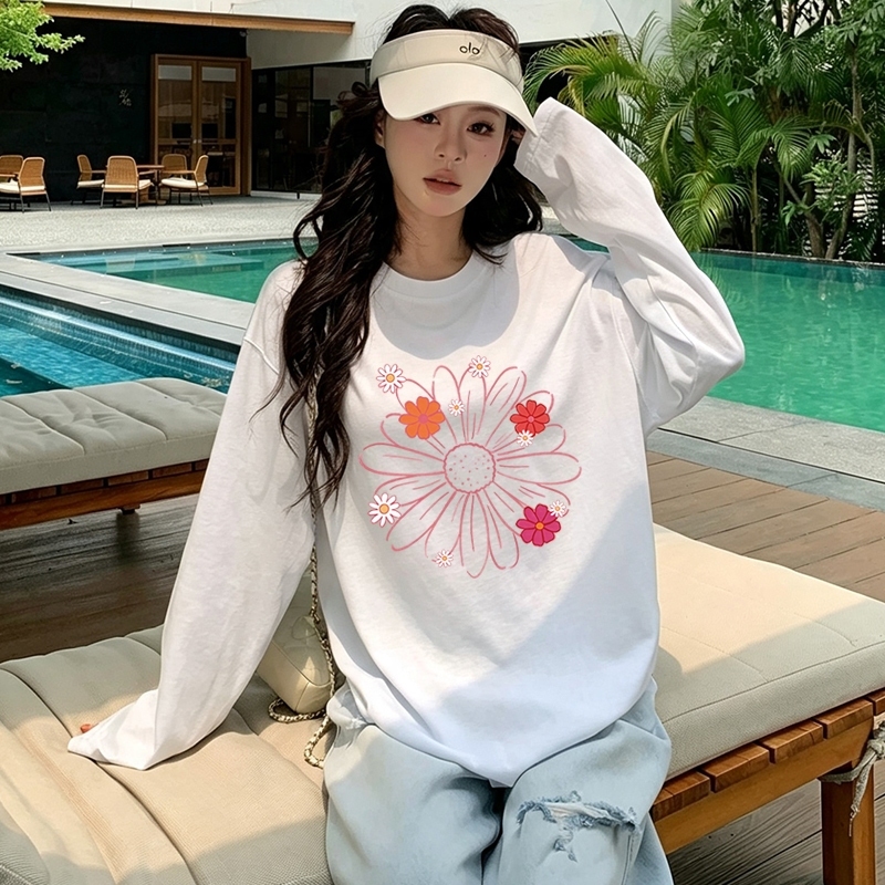 YIKOO - Kaos Lengan Panjang Motif Bunga Daisy Oversize Atasan Wanita T Shirt Kekinian