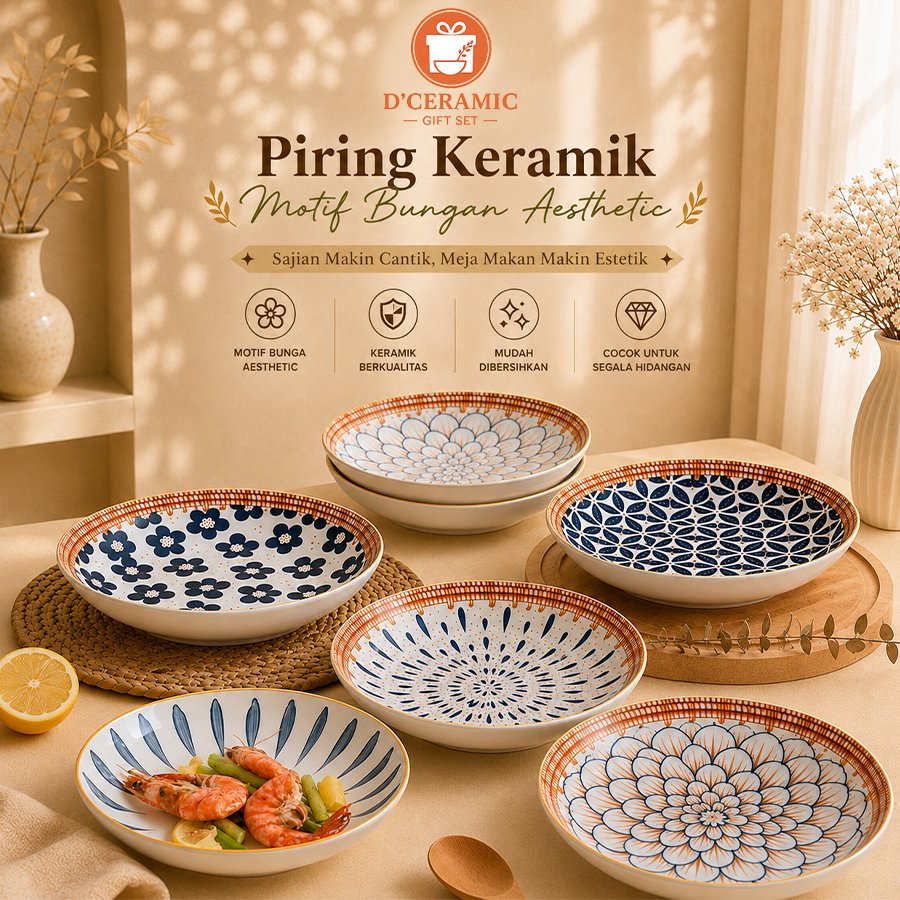 Piring Keramik Motif Bunga Aesthetic 8 Inch / Piring Saji Makan Keramik Cantik / Piring Keramik Bung