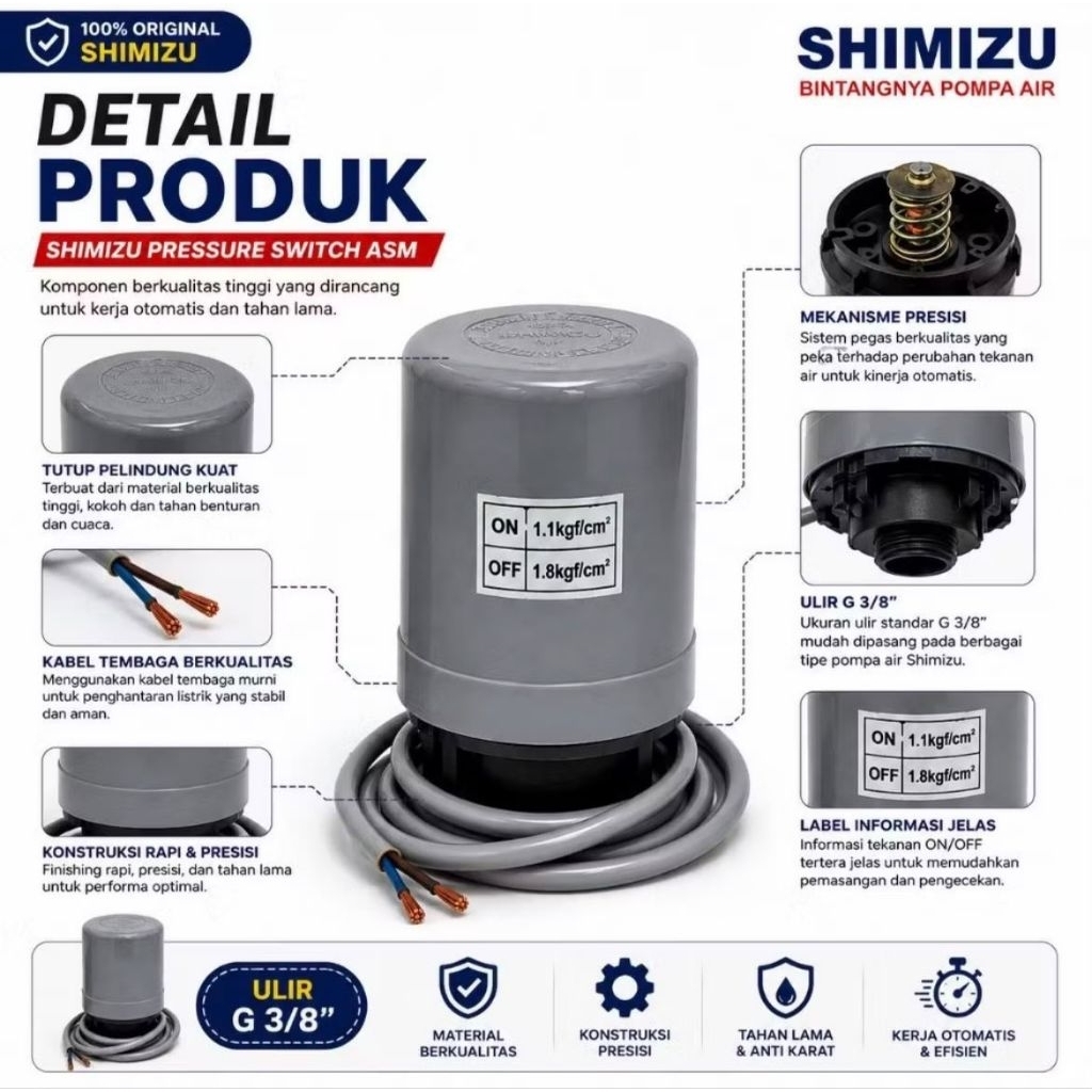 Otomatis Sanyo Pompa Air / Pressure Switch SHIMIZU PS 130 / 135 Shimitzu Simitzu