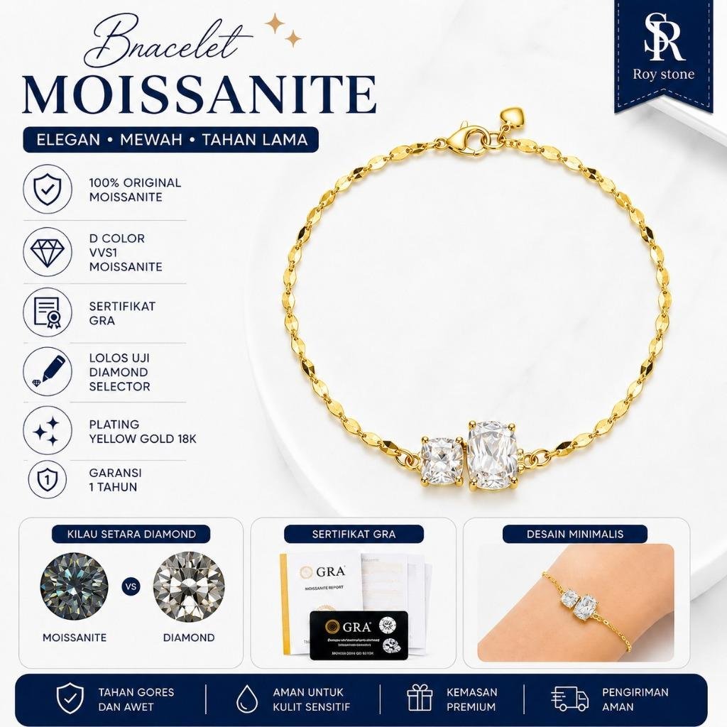 Roystone Permata Moissanite Gelang Permata Moissanite Original Wanita Yellow Gold VVS1  GRA