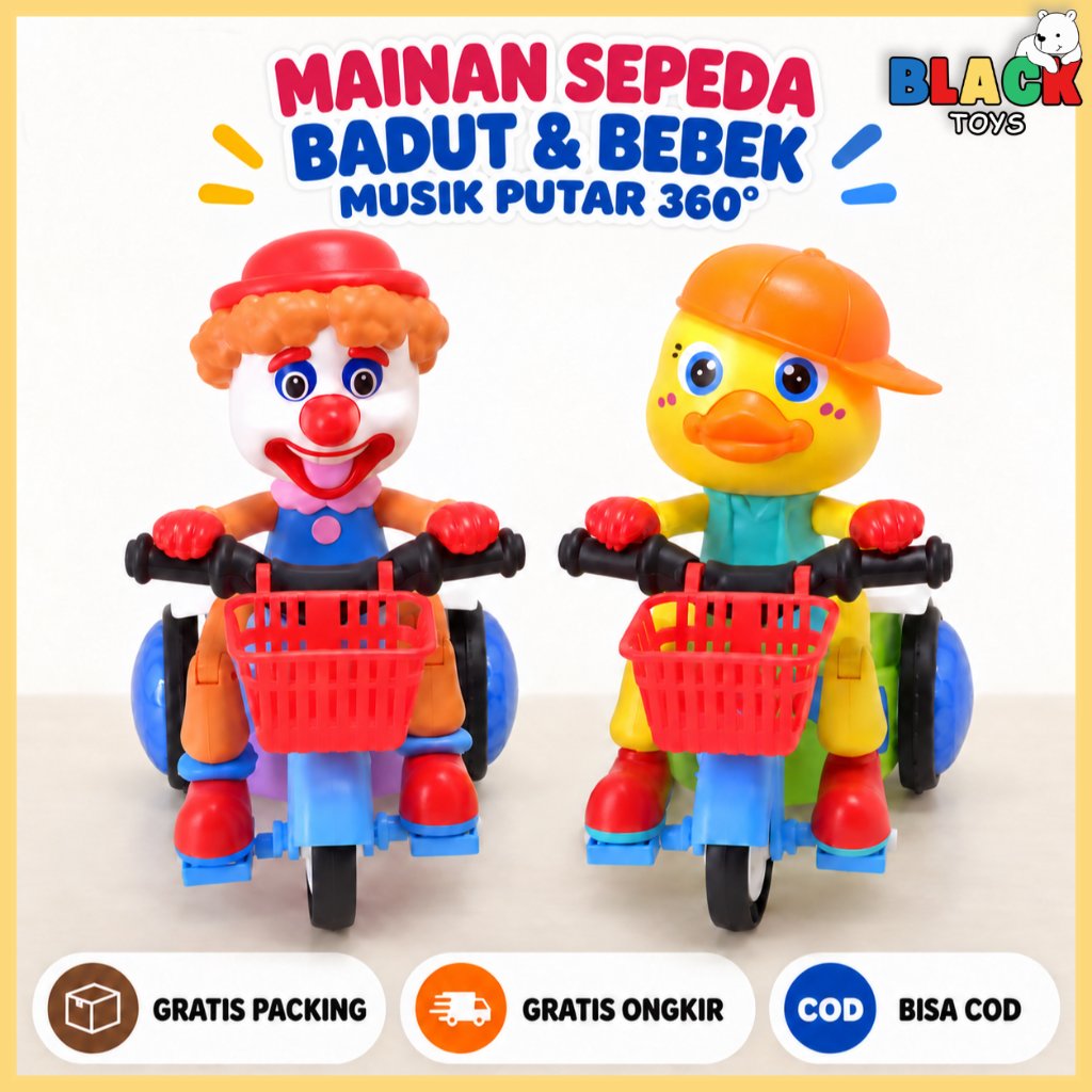 BlackToys - Mainan Sepeda Bebek Musik Putar 360° | Robot Bebek Lucu Musik & Lampu | Mainan Badut Ana
