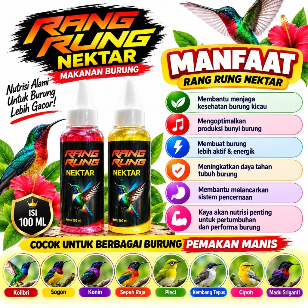 Nektar Burung 100ml – Suplemen Gacor & Energik untuk Burung Kicau Kolibri Sogon Pleci dll