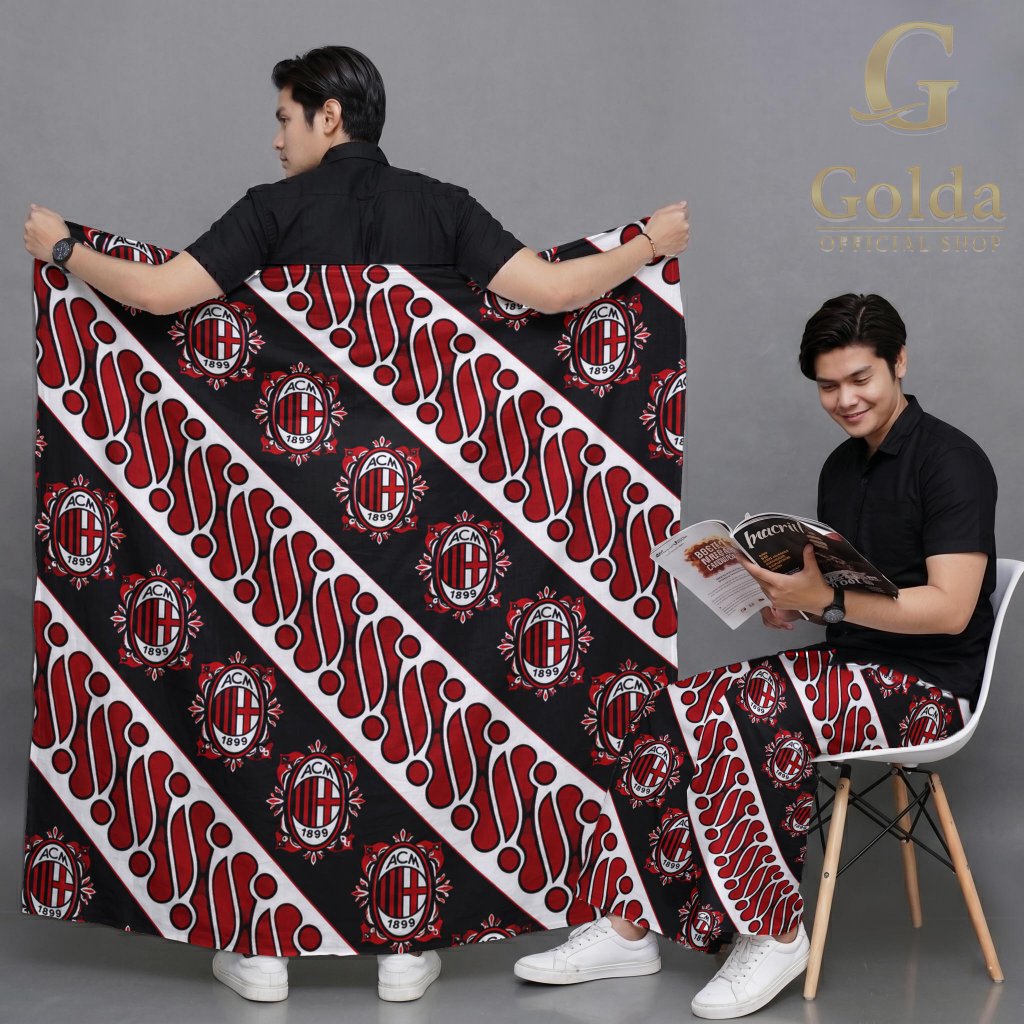 GOLDA Sarung Dewasa Fullprint Batik Parang Logo Klub Bola AC Milan Hitam Merah