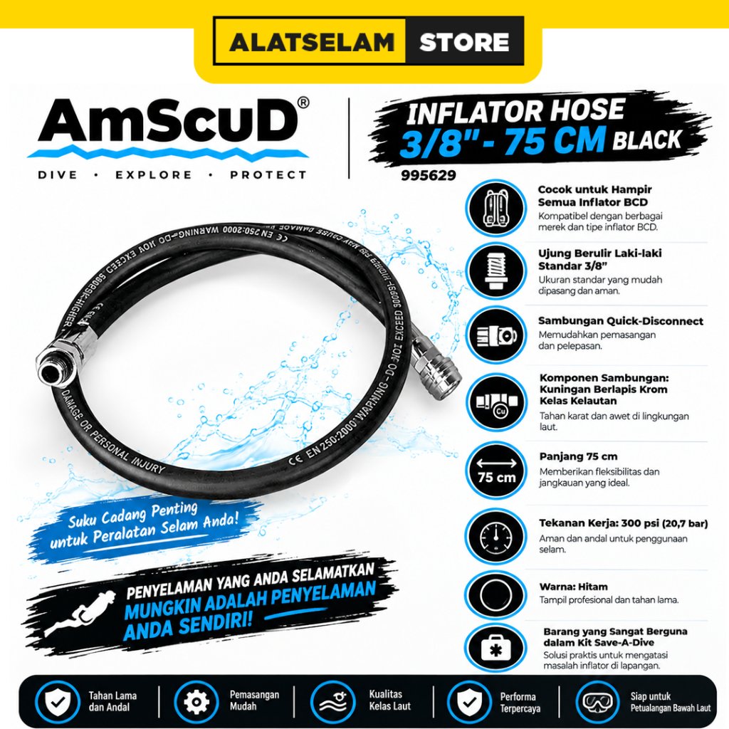 AmScuD Inflator Hose 3/8inci - 75 Cm Black 995629 / BCD Inflator / Inflator hose for BCD / Selang Le