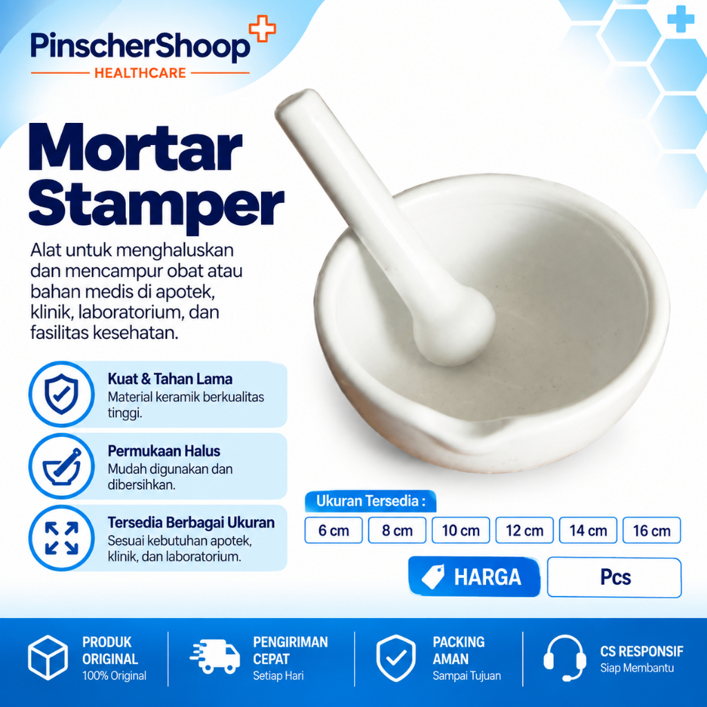 Mortar & Stamper Alat Penggerus Obat Farmasi Laboratorium Apotek Ukuran 6–16 cm