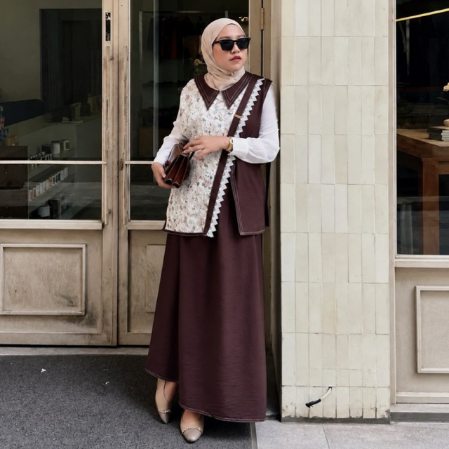 MAORA Setelan Rok Wanita Muslimah One Set Rompi Vest Hijab Kekinian Baju Katun Premium