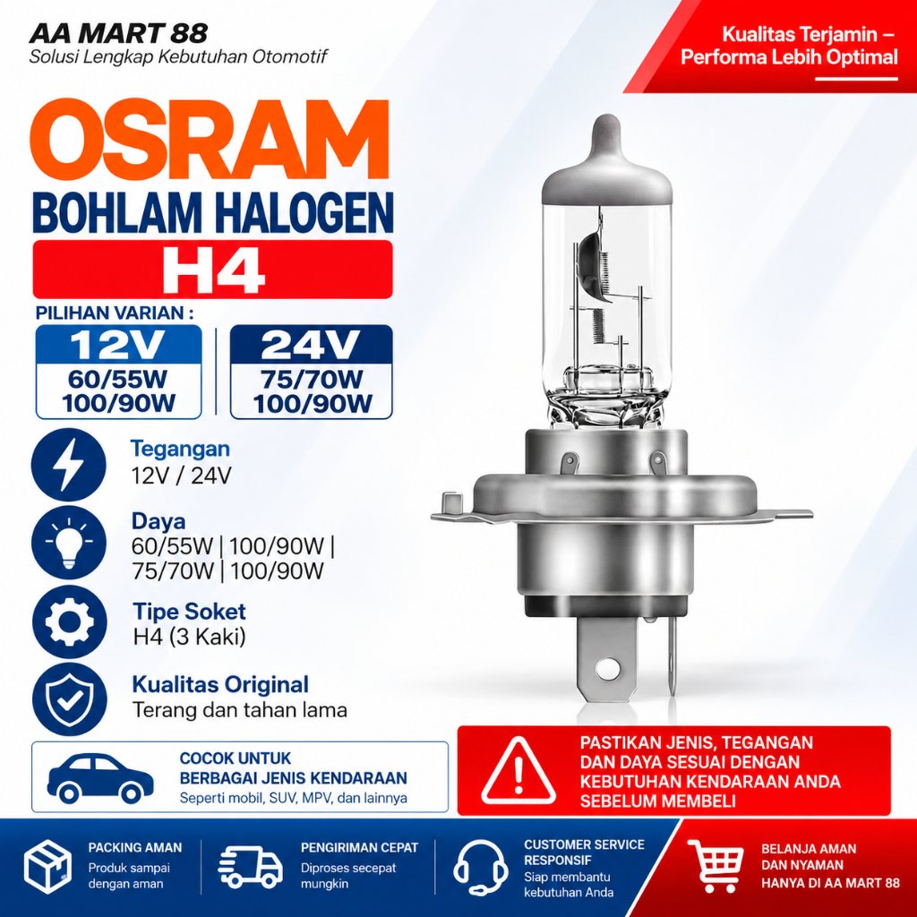 OSRAM Original Bohlam Halogen H4 12V 60/55W 100/90W 24V 75/70W 100/90W