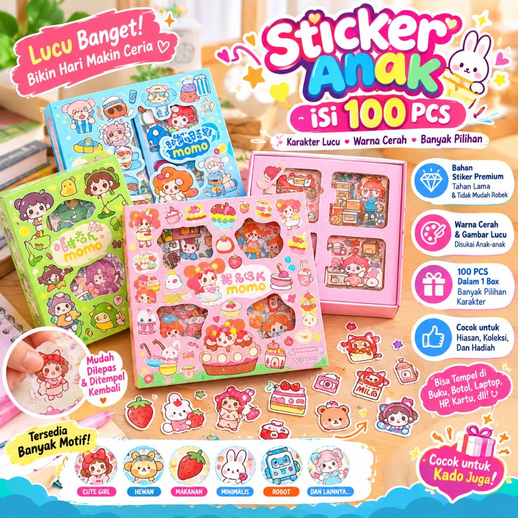 STICKER ISI 100 LEMBAR MOMO STIKER SANRIO STIKER MOMO CICI NONO 4 WARNA