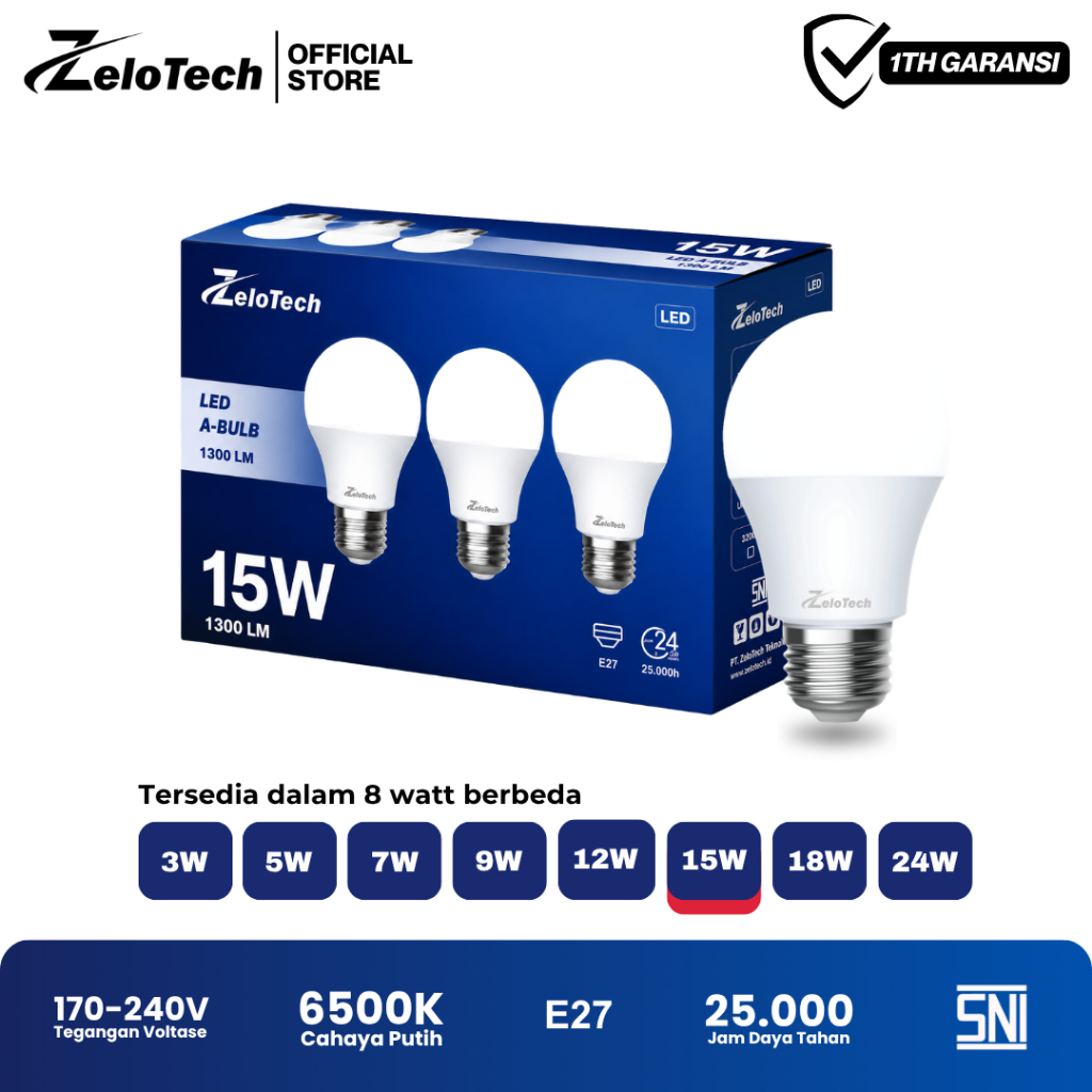 Zelotech Lampu Bohlam LED A Bulb 15W 1300LM E27 6500K Cahaya Putih