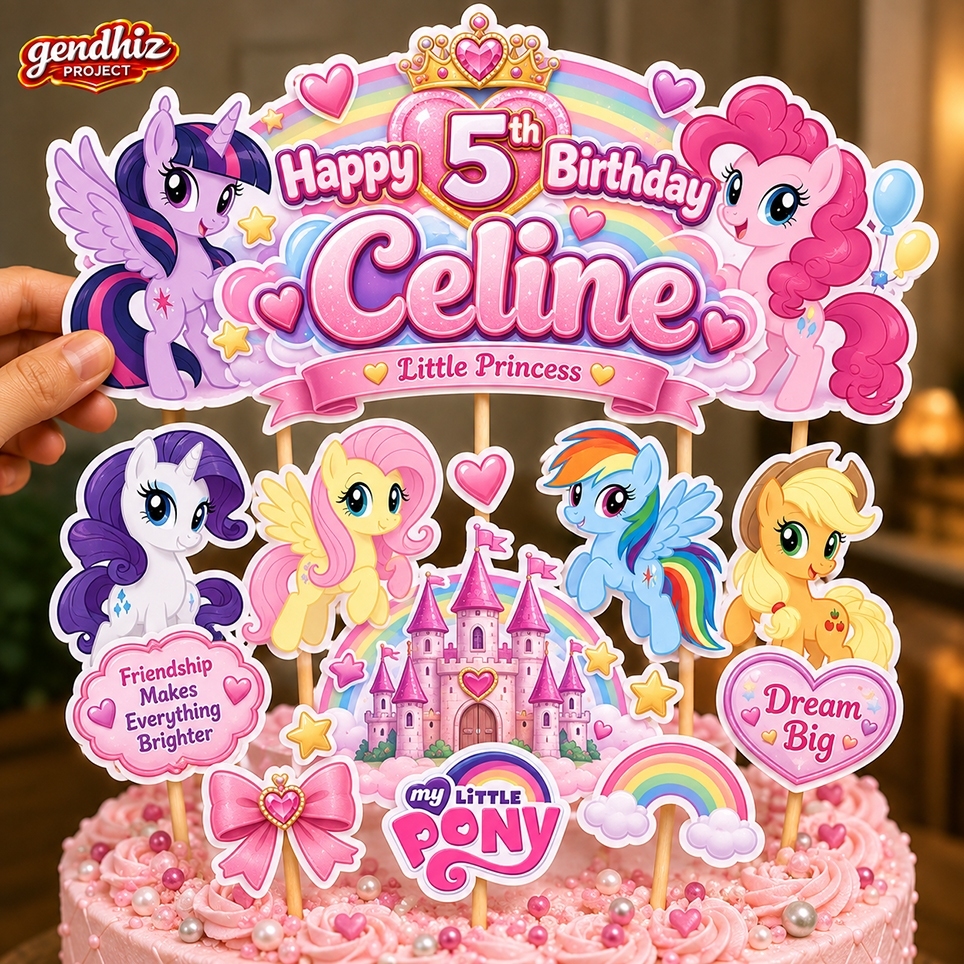 Cake Topper Ulang Tahun Anak Custom Little Pony | Topper Kue Birthday Custom Nama & Umur | Dekorasi 