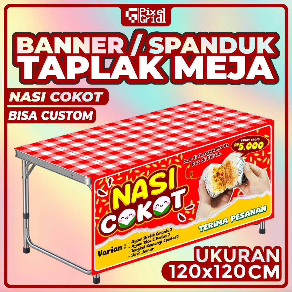 Banner Taplak Meja NASI COKOT Ukuran 120x120 CM & 100X100 CM, Spanduk Taplak Meja  NASI COKOT Ukuran