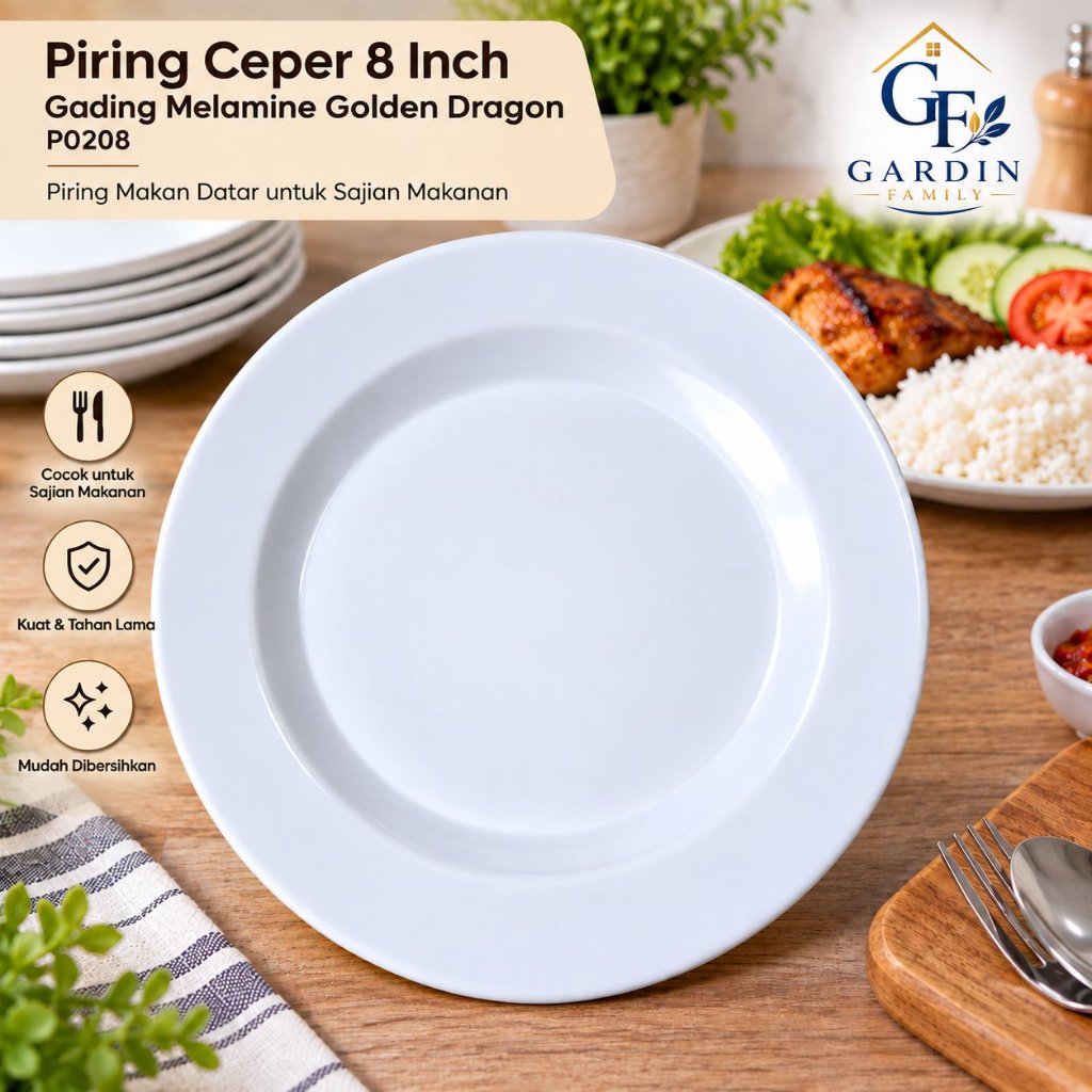 Piring Ceper 8 Inch Gading Melamine Golden Dragon P0208 – Piring Makan Datar untuk Sajian Makanan