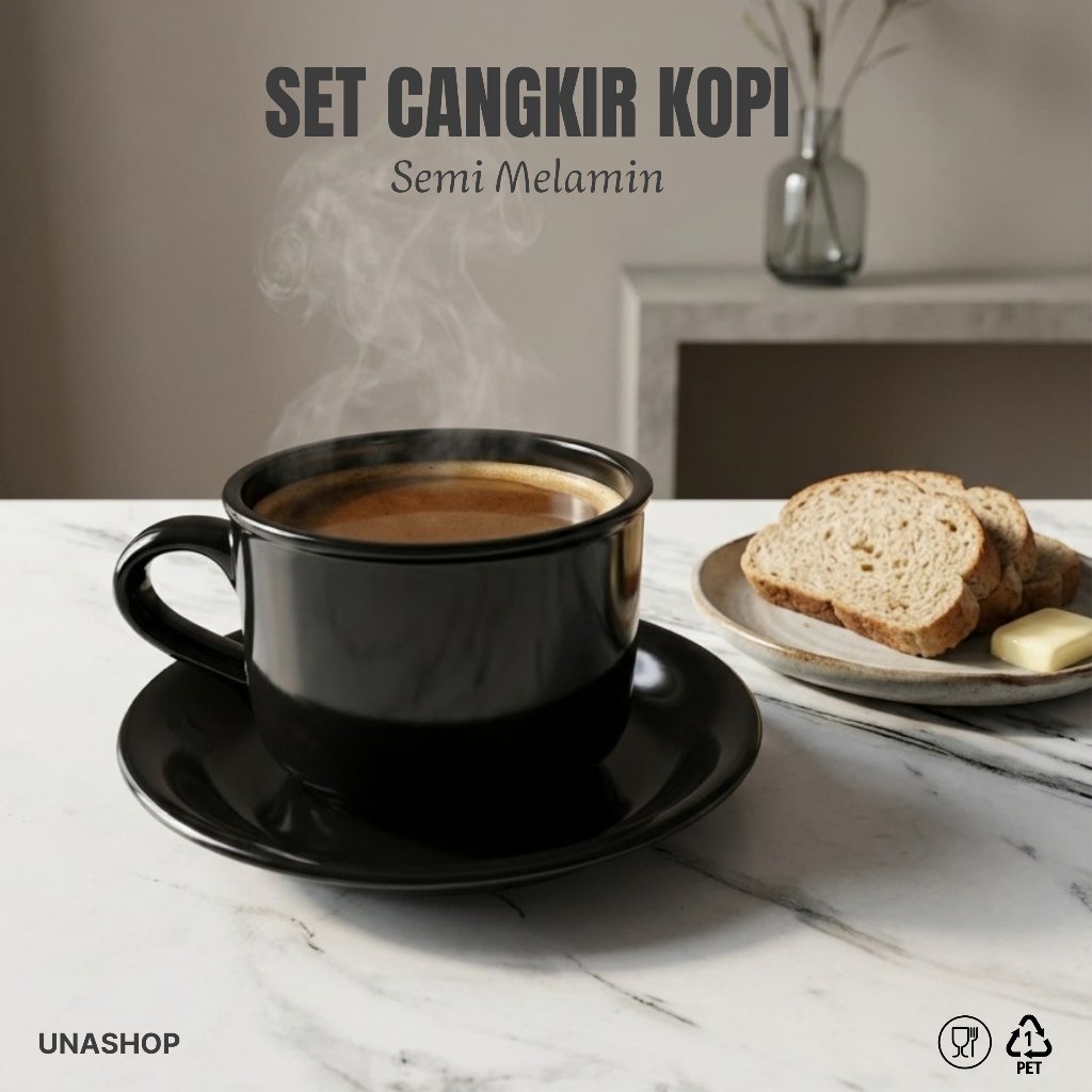 1 SET CANGKIR KOPI + TATAKAN GELAS PLASTIK SEMI MELAMIN WARNA HITAM