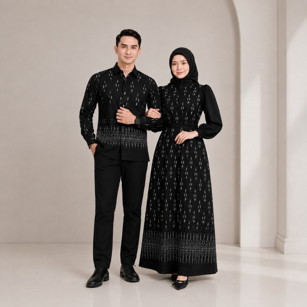 Set Couple Tenun ARUNA NAVY & BLACK Gamis & Kemeja Couple Keluarga Pasangan Gamis Couple Dress Tenun
