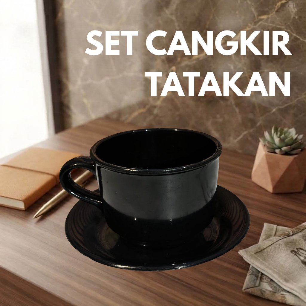 1 SET CANGKIR KOPI + TATAKAN GELAS PLASTIK SEMI MELAMIN WARNA HITAM