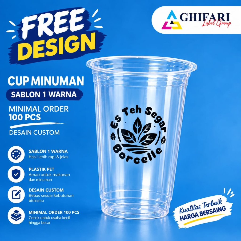SABLON GELAS CUP DATAR ( 100PCS ) SABLON CUSTOM DESAIN, GLAS CUP FET,  12-14-16-18-22 OZ