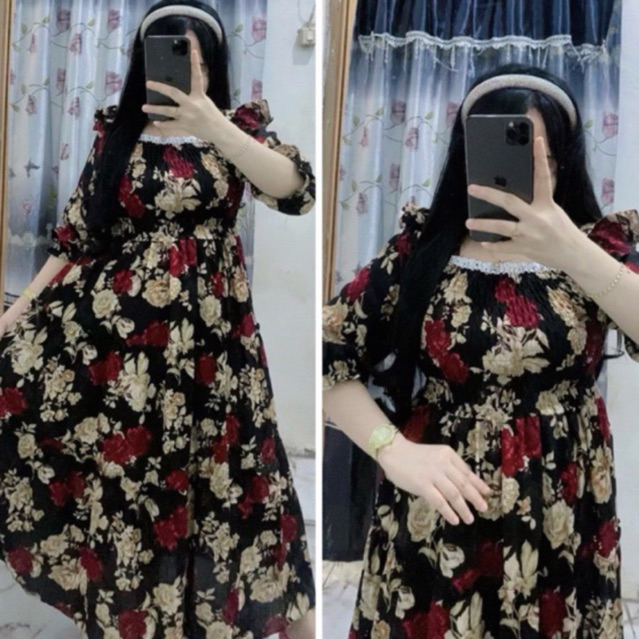 Dress Ayumi Renda Wanita kekinian Full smoke / Gamis Renda full smoke
