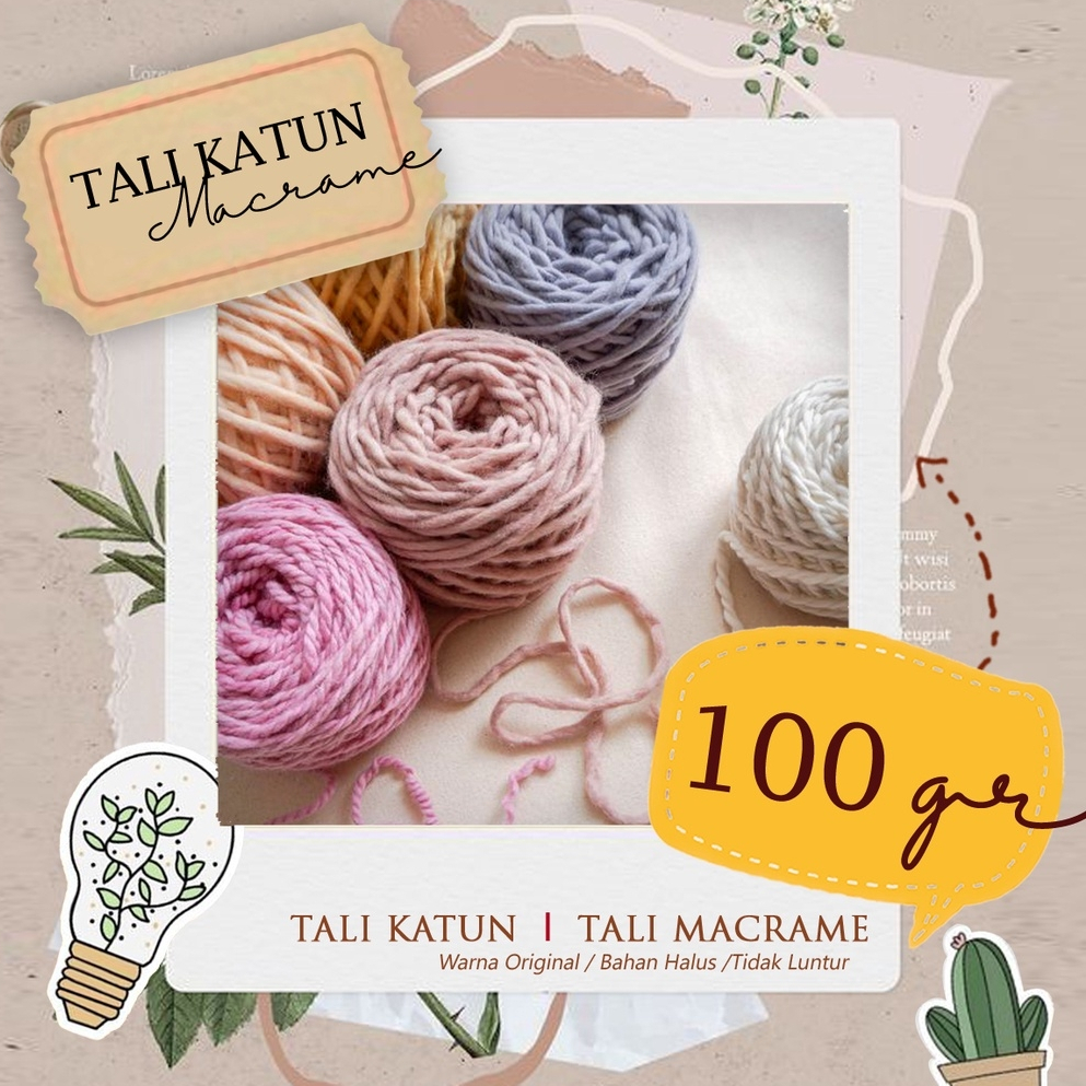 Tali Macrame Tali Katun Warna 4mm 3ply kemasan 100gr