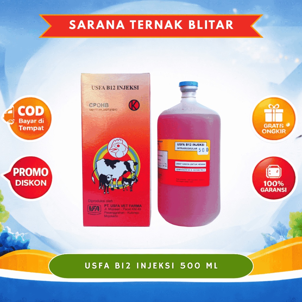 USFA B12 500 ML - Vitamin B12 Injeksi Ternak, Suplemen Vitamin Hewan