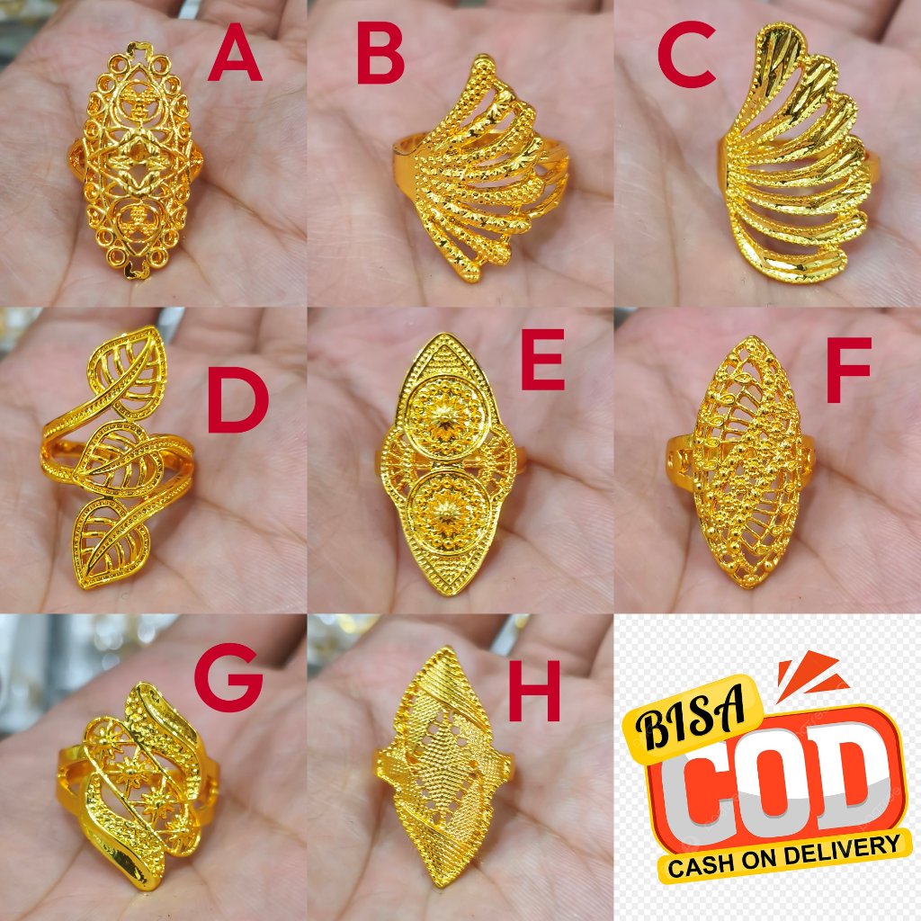 Cincin Fashion Wanita Model Besar Emas 24 A-H Lapis Emas Motif Daun Ukir Kerawang Elegan