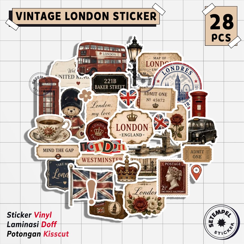 VINTAGE LONDON Sticker Pack 28pcs | stiker vintage london vinyl tahan air