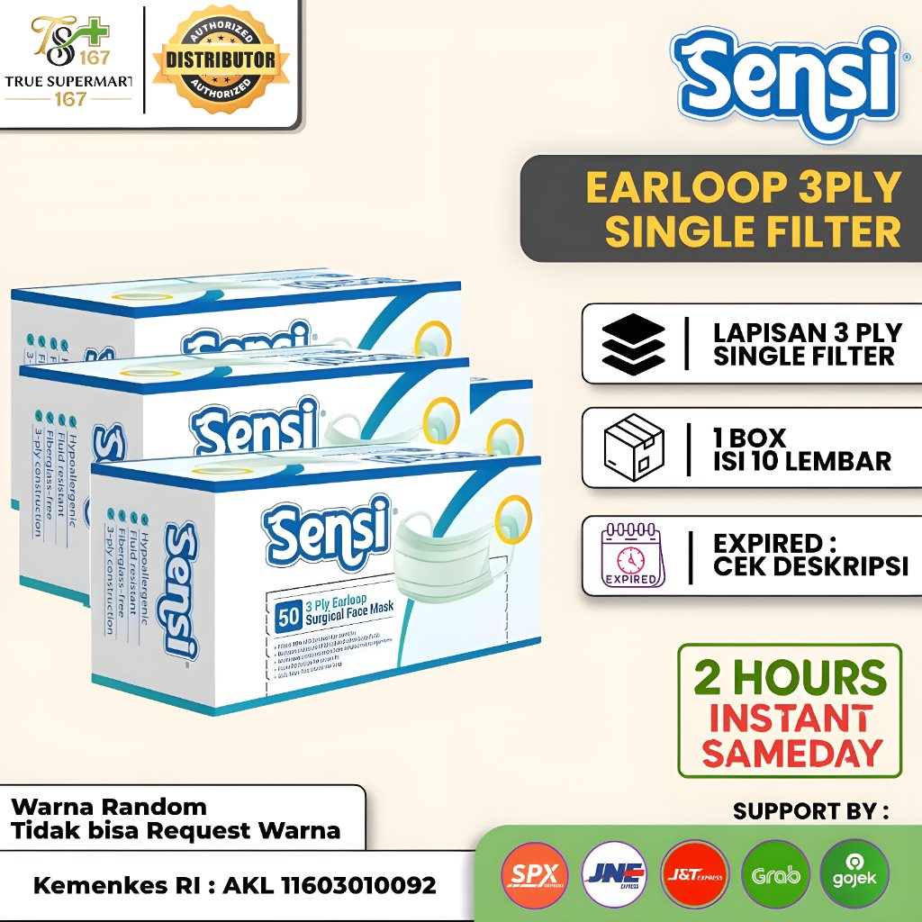 SENSI EARLOOP SURGICAL FACE MASK 3PLY, Masker Sensi Earloop 3ply, Masker Medis, 1 Box Isi 50pcs