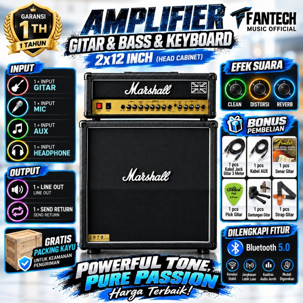 Ampli Gitar & Bass 2x12 Inch Bluetooth bisa untuk karaoke Marshall 3 Input Head Cabinet Bonus Kabel 