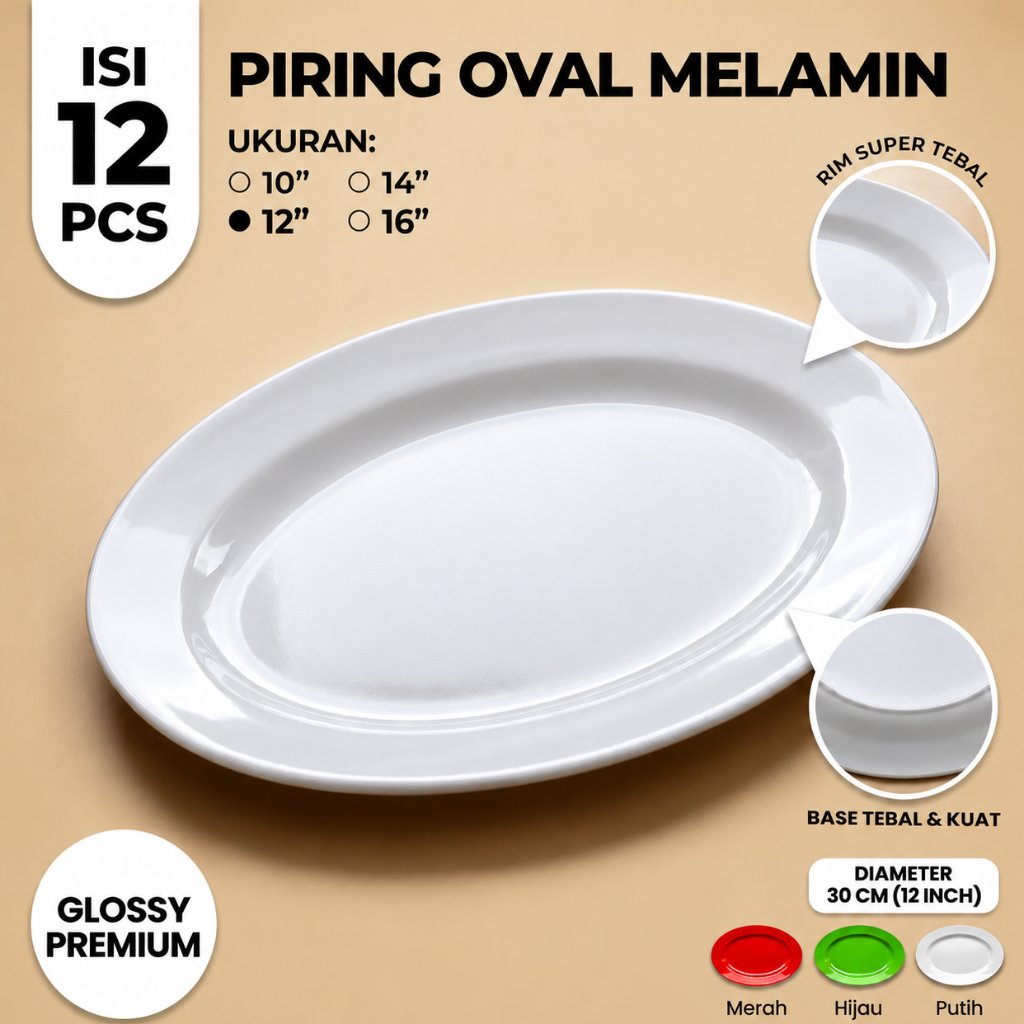 12 PCS Piring Saji Melamin 12 Inch Oval Ikan Pecel Lauk Semi Melamine Lonjong