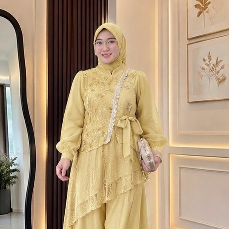 ZELORA Setelan Wanita Sabrina Mix Brukat Gorden Cantili | Baju Kondangan Elegan Setelan Celana Wanit