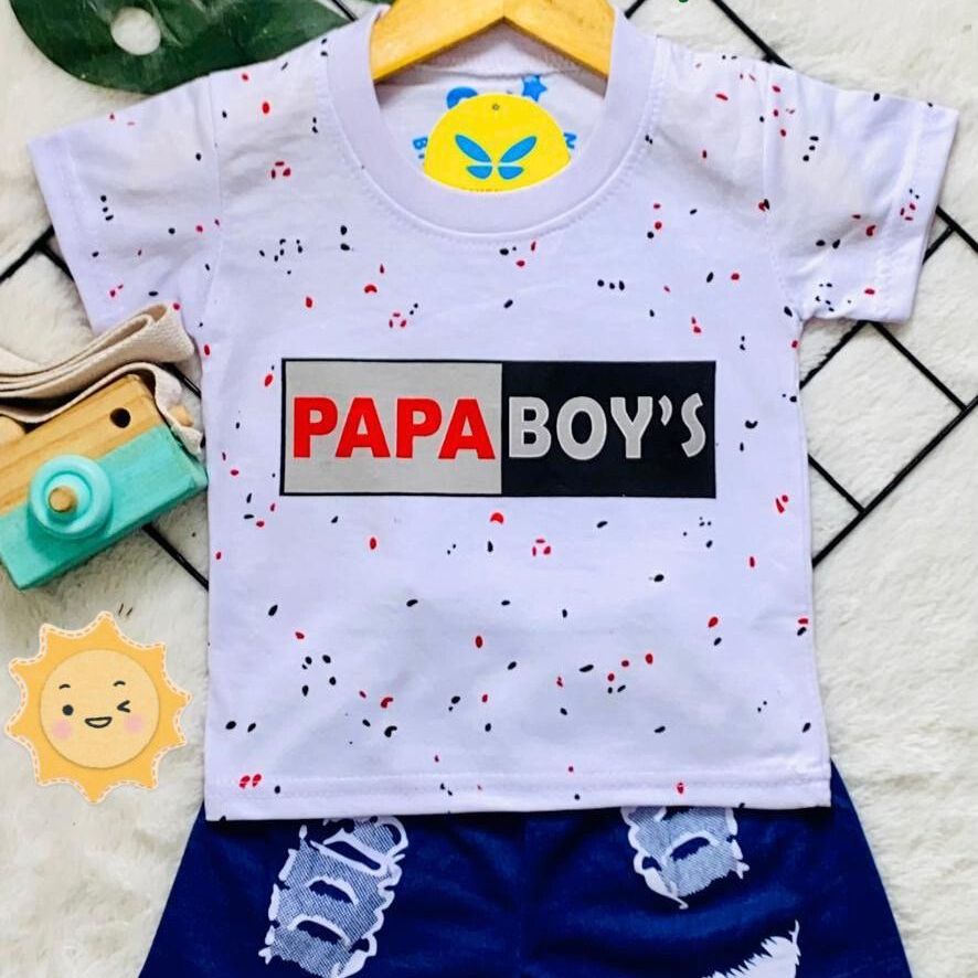 Setelan Baju bayi anak laki laki motif karakter Papa Boy's celana denim , usia anak 3-15 bln .
