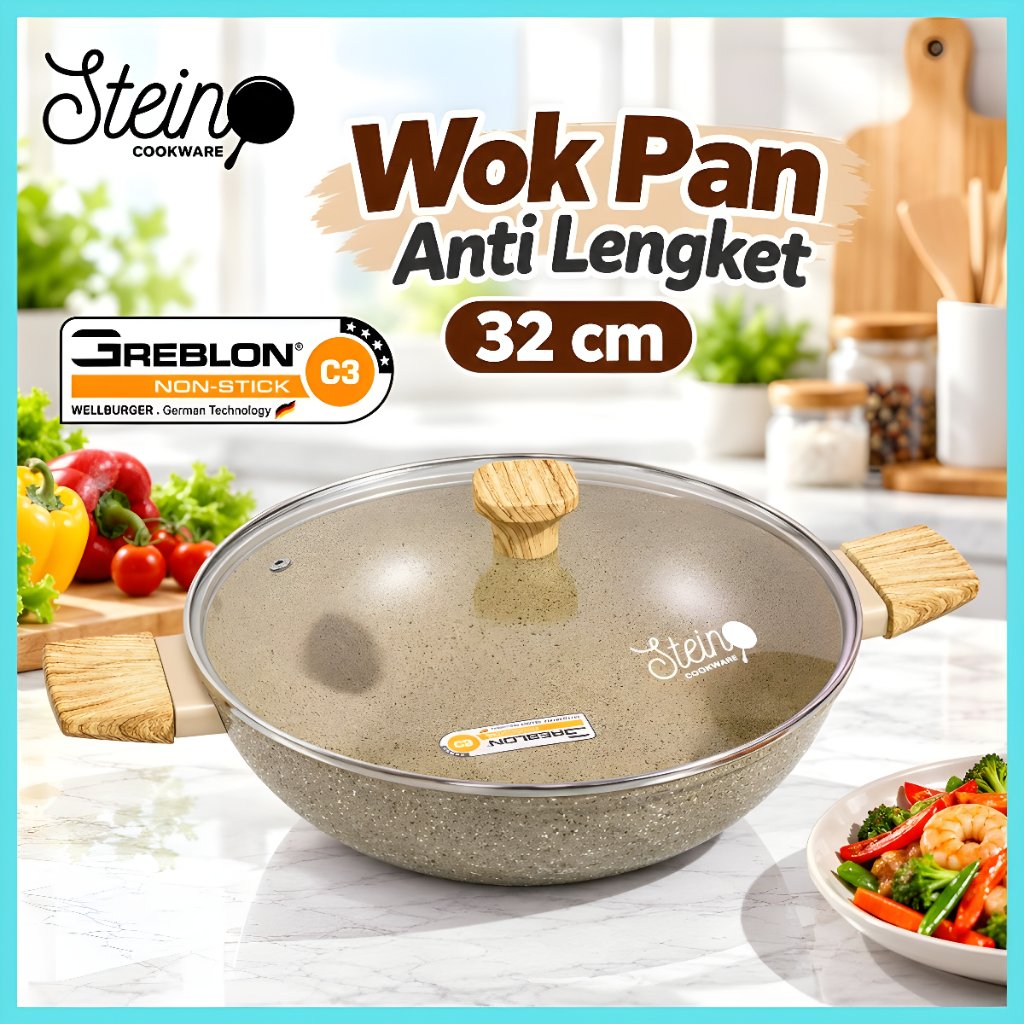 Steincookware Wok Pan Granite Wajan Penggorengan Anti Lengket Dengan Tutup 32 cm Onyx Series