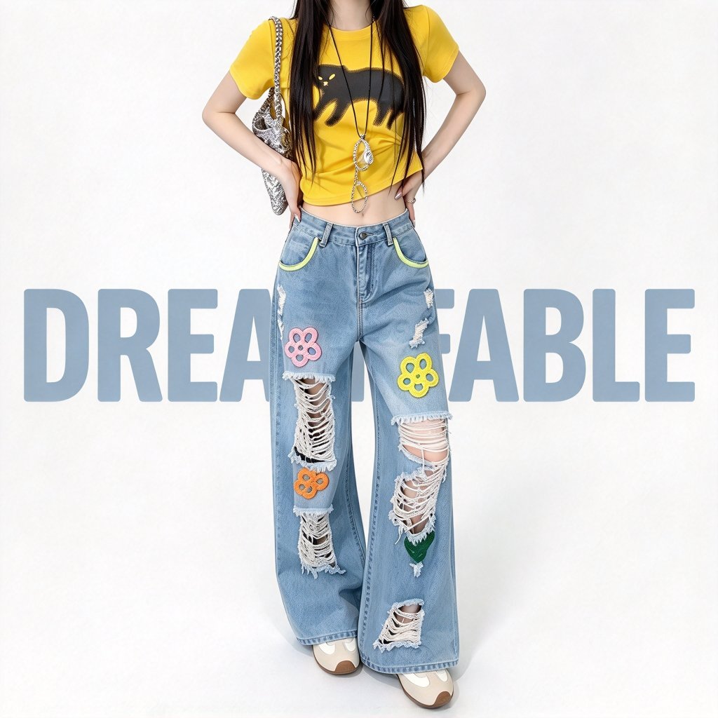 DREAMFABLE Celana Jeans Wanita Retro Pinggang Tinggi Sobek Bordir Bunga, Celana Panjang Longgar Luru